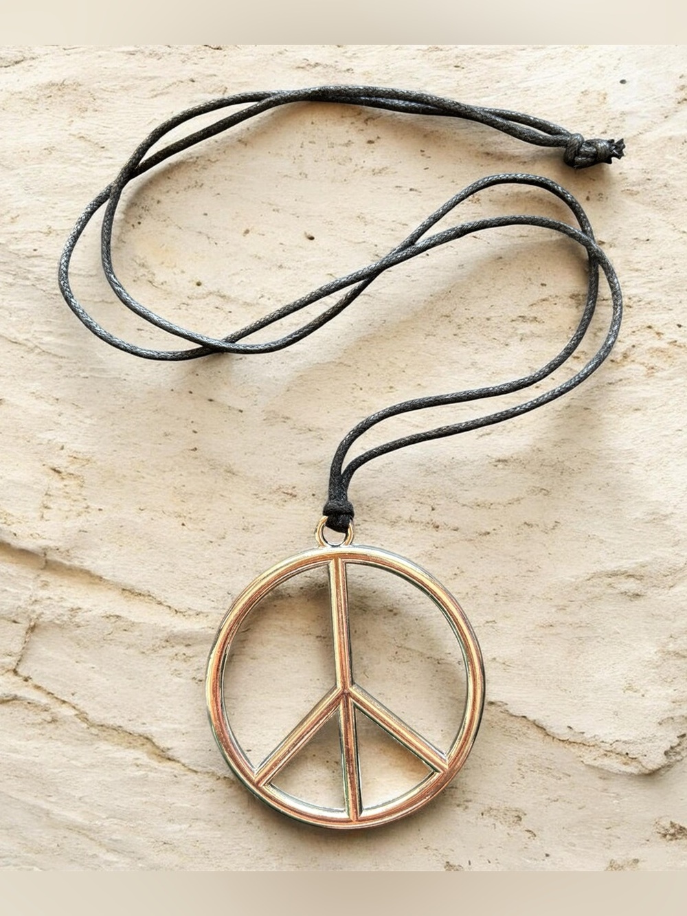 Oversized Silver Peace Sign Pendant Necklace with Black Cord